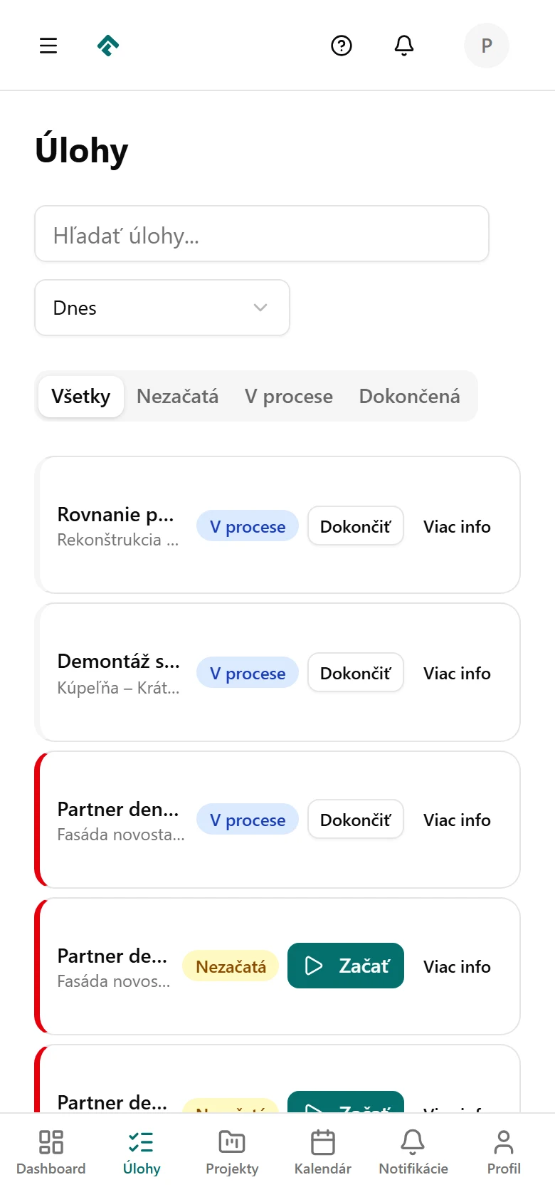 Aktuálna aplikácia FimTask na mobile: úlohy remeselníka na stavbe